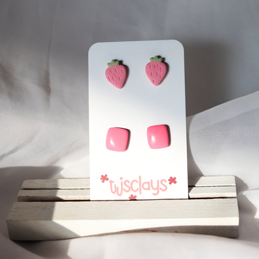 stud set: baby pink strawberries + rectangles
