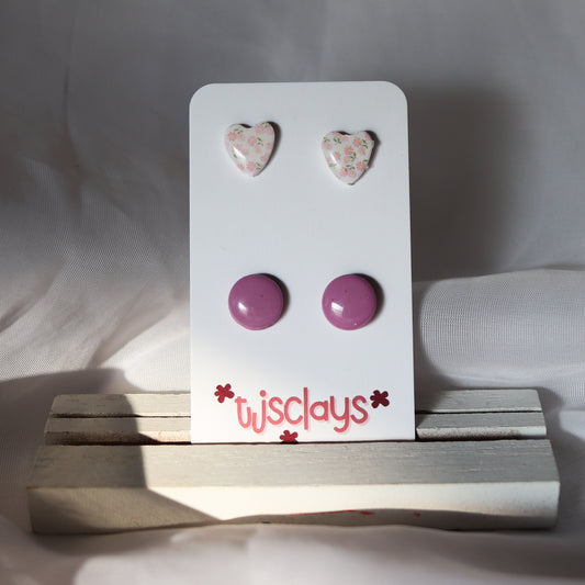 stud set: floral hearts + lilac polka dots