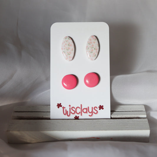 stud set: floral ovals + hot pink polka dots
