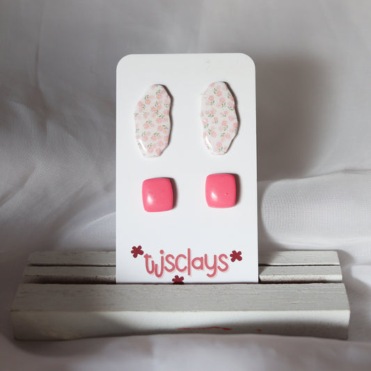 stud set: floral blobs + pink rectangles