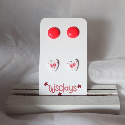 stud set: hot pink polka dots + bow hearts